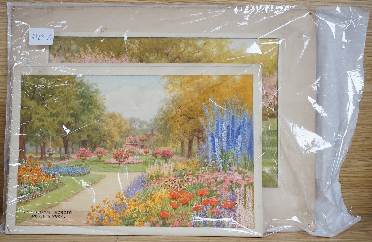 William Affleck, (Aka Carruthers, 1868-1943), a set of four original watercolours for post card designs, London parks and gardens comprising; ‘Regents Park’, ‘Hyde Park’, ‘Kensington Gardens’ and ‘Kew Gardens’, one signe